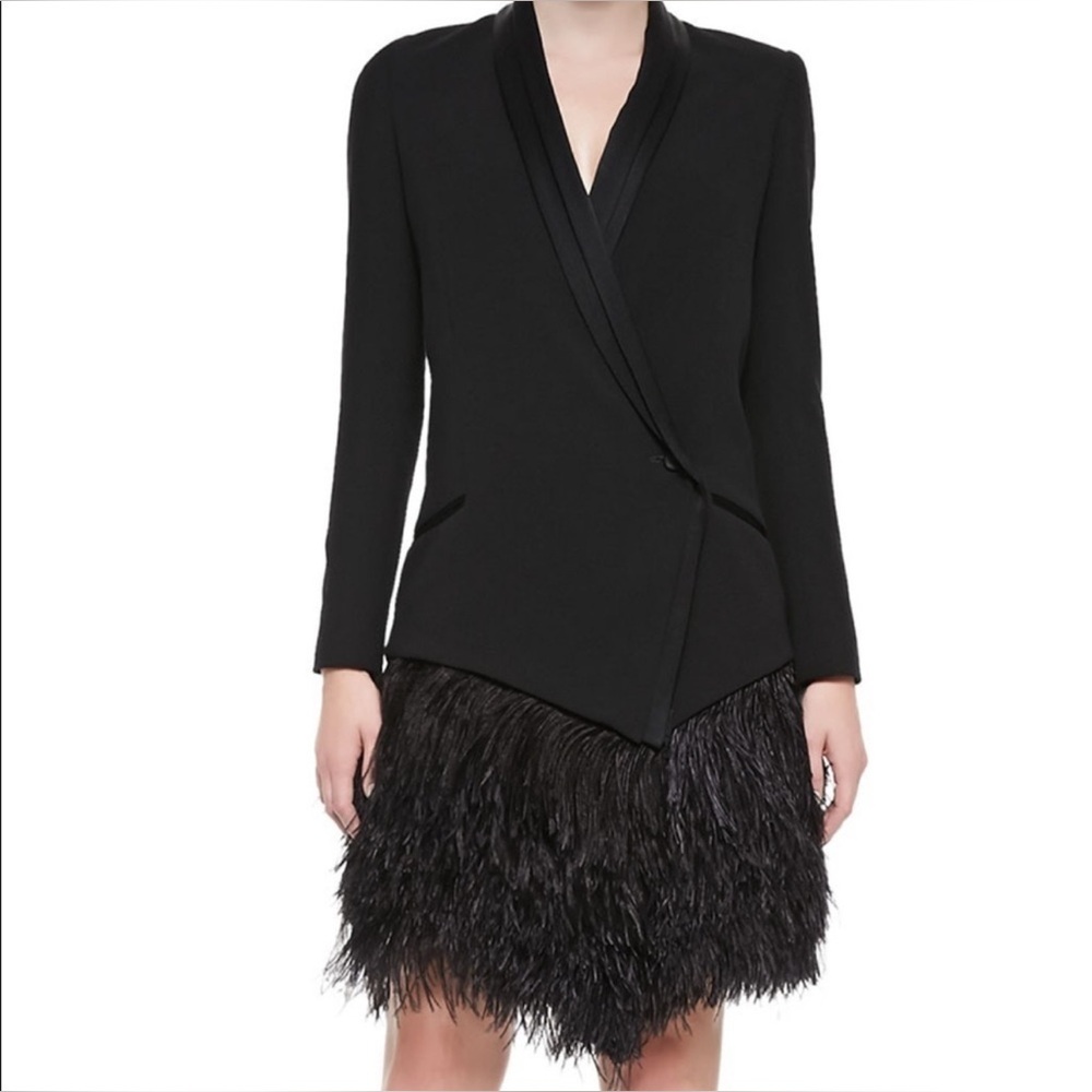 HAUTE HIPPIE BLACK TUXEDO STYLE MARABOU FEATHER TRIM HEM COATDRESS/JACKET